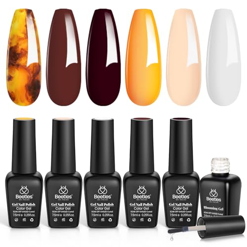 Beetles Winter Gel Polish with Blooming Gel - Amber Attraction 5 Colors Brown Gel Polish White Wine Winter Color Nail Polish Set Clear Blooming Polish Soak Off Uv Nail Art Christmas Gfit Set for Women