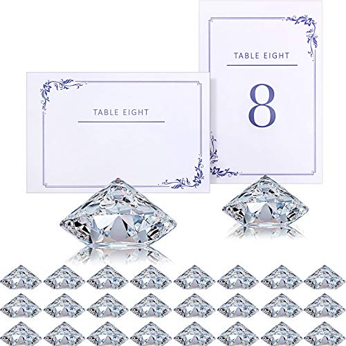 24 Soportes de Tarjetas Transparente Soporte de Mesa de Cristal Acrlico y Diamante Soporte de Nmero de Mesa con Clip con 24 Tarjetas de Nmeros de Mesa de doble Cara para Decoracin de Fiesta Boda