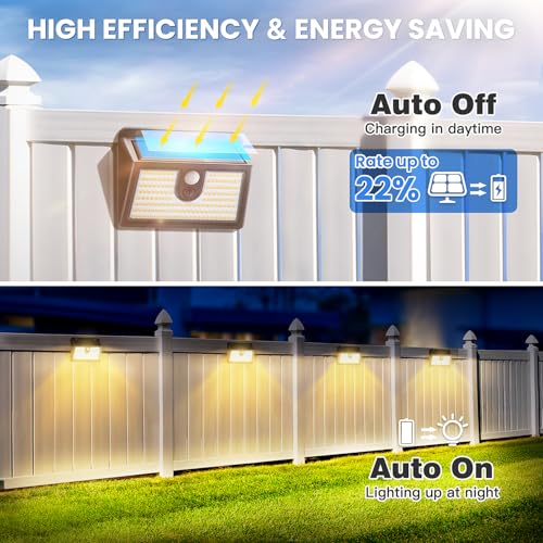 Image of [4 Packs] Solar Motion Sensor Outdoor Lights, Super Bright Solar Lights Outdoor Waterproof, 3 Lighting Modes Security Wall Light for Outside Walking Dog Fence Backyard Deck Garden Door Step Garage