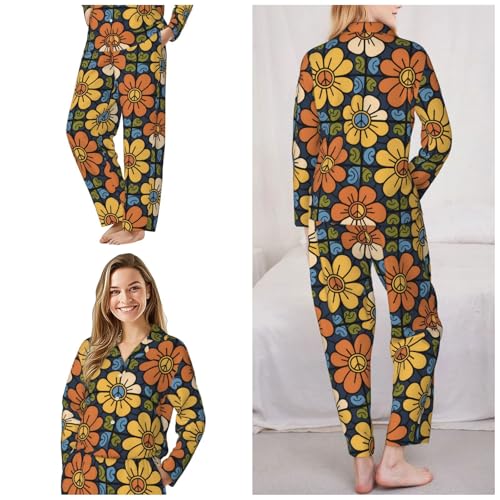 Image of Women'S Long Sleeve Pajama Set Soft Loungewear Button-Down Top & Elastic Waist Pants S- 2XL