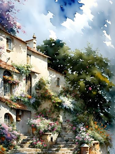 Toile murale bleu ciel de 50x70cm avec escalier et fleurs pour décoration maison chic
