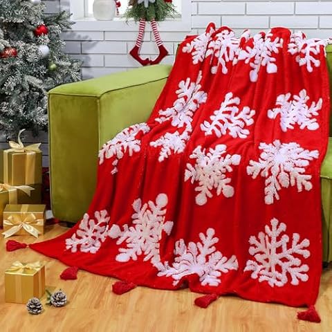 FuWeave Christmas Throw Blanket Red Snowflake Couch Blanket 50"x60" Christmas Fleece Blanket Fuzzy Fluffy Soft Blanket Winter Plush Warm Bed Blanket with Tassels Christmas Decor for Couch Bed Sofa Cover