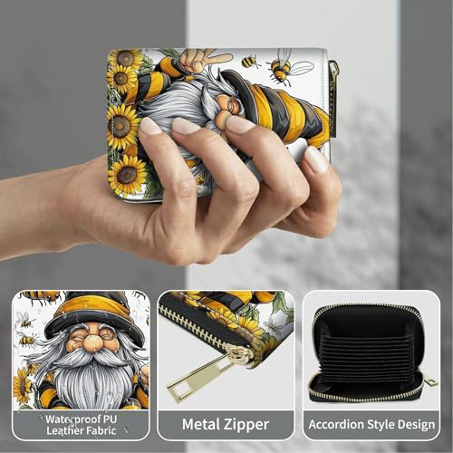 Image of Cute Credit Card Holder with Zipper, Bee Dwarf Sunflower RFID-Blocking Card Case Small Wallet for Women Men, Multi-slot Card Organizer Case Travel Accordion Wallet