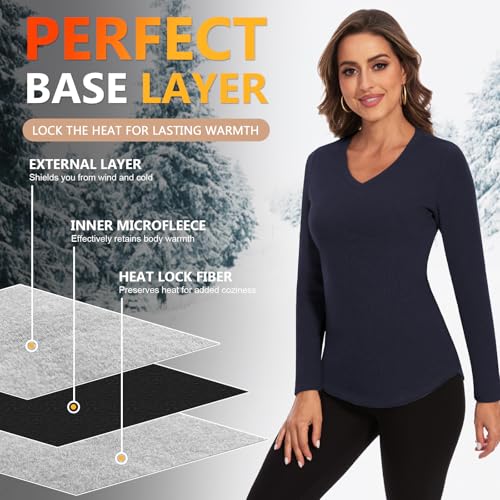 WOWENY Thermal Shirts for Women V Neck Fleece Lined Long Sleeve Base Layer Soft Warm Underwear Tops Cold Weather4