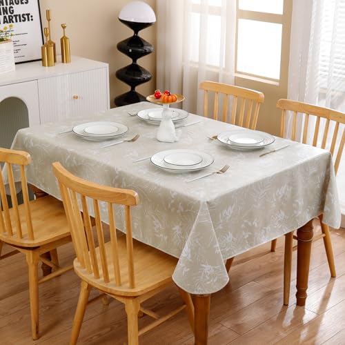 Image of Heavy Duty Vinyl Tablecloth with Flannel Backing Waterproof Oil-Proof Plastic Table Cloth Stain-Resistant Wipeable Rectangle or Square Table Cover for Indoor and Outdoor (Beige Leaf,60x102 Inch)