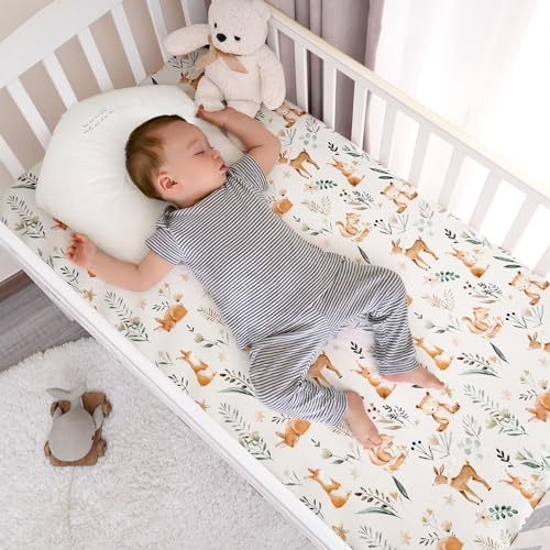 Image of PHF Soft Crib Sheet Fitted, 2 Pack Baby Sheets for Boys Girls, 28x52x9in Fits Standard Crib and Toddler Mattresses, Silky Comfy Breathable Polyester Baby Mattress Sheets, Woodland