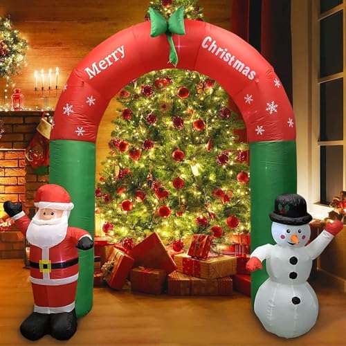 HUOLE Arco Gonfiabile Gigante Natalizio Altezza 240 cm con Babbo Natale e Pupazzo di Neve con Kit Fissaggio per Esterno Illuminazione LED Protezione IP44 Decorazione Natalizia