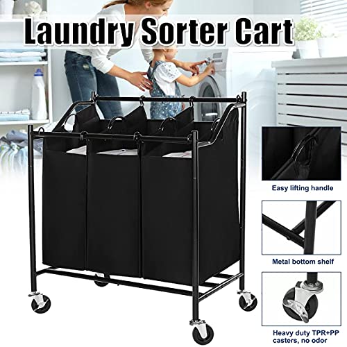 Carrito para la colada negro con 3 bolsas de tela y ruedas resistentes 2