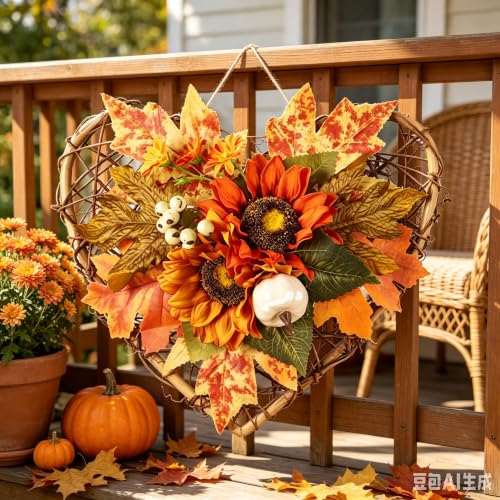 Wreaths for Front Door, 11 Inches Autumn Theme Rattan Weaving Love Framework Simulated Flower Material Fall Decorations,Convenient Suspension Rich Usage Scenarios Fall Decorations for Home Outdoor - image 7