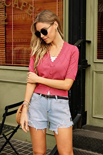 Spring Cropped Sweater Puff Sleeve Knit Pullover Sweater Cardigan Hot Pink Xl #TOP6