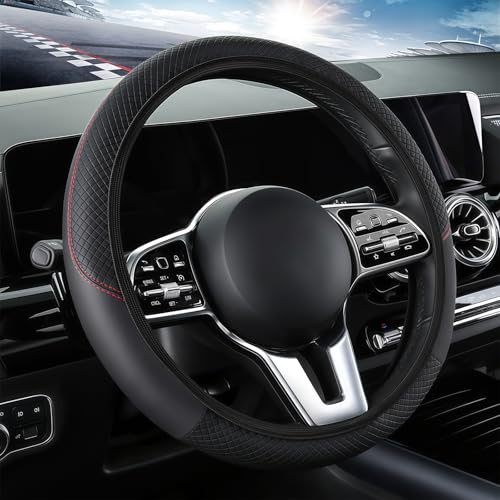EKUWU Leather Car Steering Wheel Cover, 15 Inch Anti-Slip Carbon Fiber Black Steering Wheel Cover, Universal Car Interior Accessories for Trucks Sedans SUVs (Black)