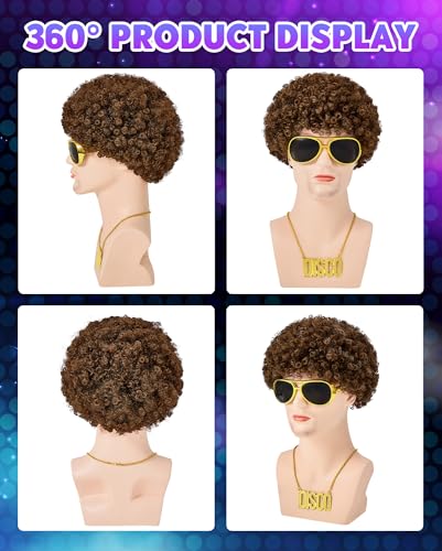 Image of Zando Afro Wig Men 70s Disco Costume - 4pcs Set(Wig+Glasses+Disco Necklace+Wig Cap) Short Brown Curly Natural Synthetic Hair 70s 80s Outfit for Hippies Cosplay Halloween Party