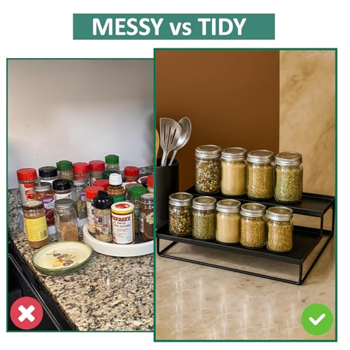 Image of Amazon Brand - Umi 2-Tier Step Standing Rack Spice Bottle Stand Utensil Holder Food Storage Organizer for Cabinet Cupboard Pantry Shelf Bathroom Organizer (Black, Pack of 1)