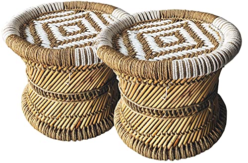 Handmakers ! Natural Bamboo (SARKANDA) Mudda Stool with Beige and White (13x17) Set of 2