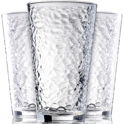 Set of 10 Hammered Glass Cups, 16oz. Dishwasher Safe Cocktail Drinking Glasses - Clear Heavy Base Stemmed Water Glasses, Tall Beer Glasses, Bar Glass, Juice, Iced Tea, Margarita, & Everyday Drinks