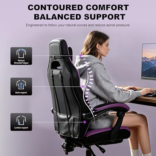 Image of Big and Tall Gaming Chair 400lbs with Footrest - Heavy Duty Ergonomic Computer Office Chair for Adults, Wide Desk Chair with Pocket Spring Cushion & Linkage Armrests Purple