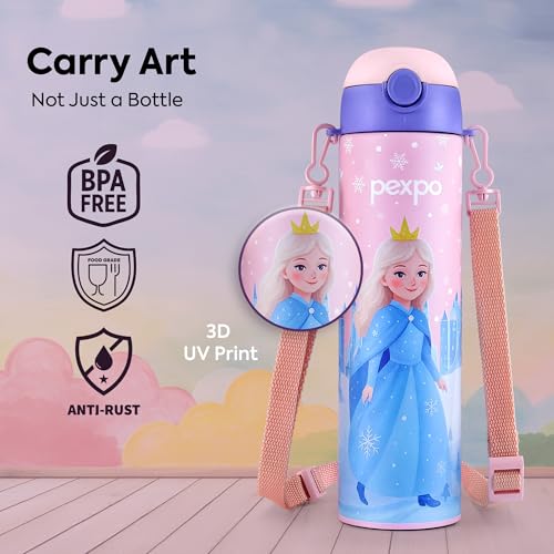 Image of Go24 pexpo Sporty ISI Certified Stainless Steel Water Bottle For School Kids - 700ml (Pack Of 2) | 6+ Years | Sipper Cap | Leakproof & BPA Free | Picnic, Travel, Sport - Pink Frozen Doll UV Print
