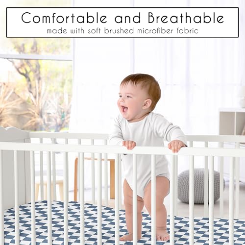 Image of Sweet Jojo Designs Baby Fitted Mini Crib Sheet (Blue Gingham Checkered Plaid) for Boys, Newborn /Infant Nursery, Play Yards, Portable Cribs (Vintage, Classic Checkerboard, Geometric, Minimalist, Retro)