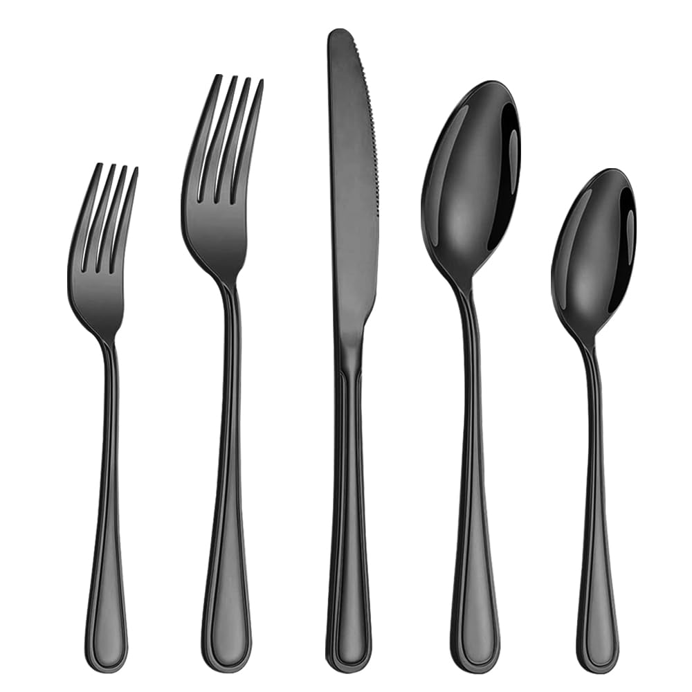 Silverware Set,20-Piece Stainless Steel Flatware Set for 4,Food-Grade Stainless Steel Cutlery Set, Dishwasher Safe, Mirror-Finished Utensil Sets,Reusable Cutlery Set,Black