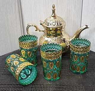 COMPRAR Juego de té marroquí, Tetera inducción de 800ml con 4 vasos (DORADO- VERDE-PEQ)