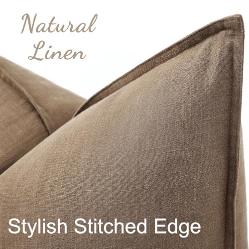 Image of decorUhome Summer Decorative Linen Throw Pillow Covers 16x16 Inch Set of 2 Light Brown Pillow Covers with Flange Edges Soft Farmhouse Boho Accent Pillow Cases for Couch Bed Living Room