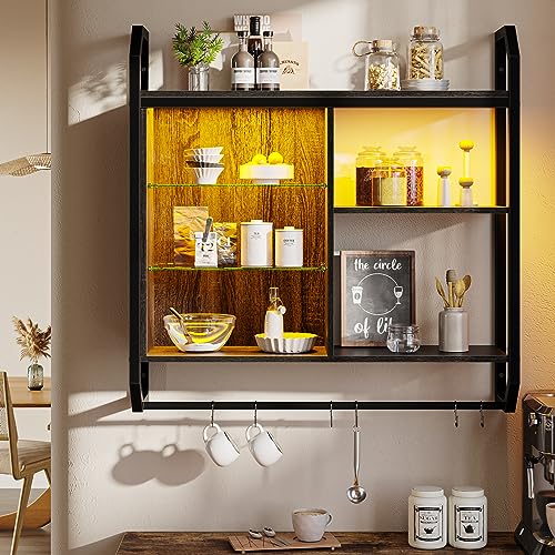 Bestier Gaming Floating Shelves, 34" LED Wall Mounted Shelf with Adjustable Glass Shelf, Pipe Shelves Hanging Display Rack Bookshelf with 6 S-Hook, Gaming Room Decor Wine Coffee Bar Black