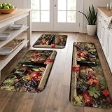 Vintage Fruit Kitchen Mats for Floor, Rustic Grapes and Apples Soft Mats, Cushioned Comfort Washable Non Slip Decor Rugs for Kitchen Sinks Laundryroom Bathroom 3Pcs