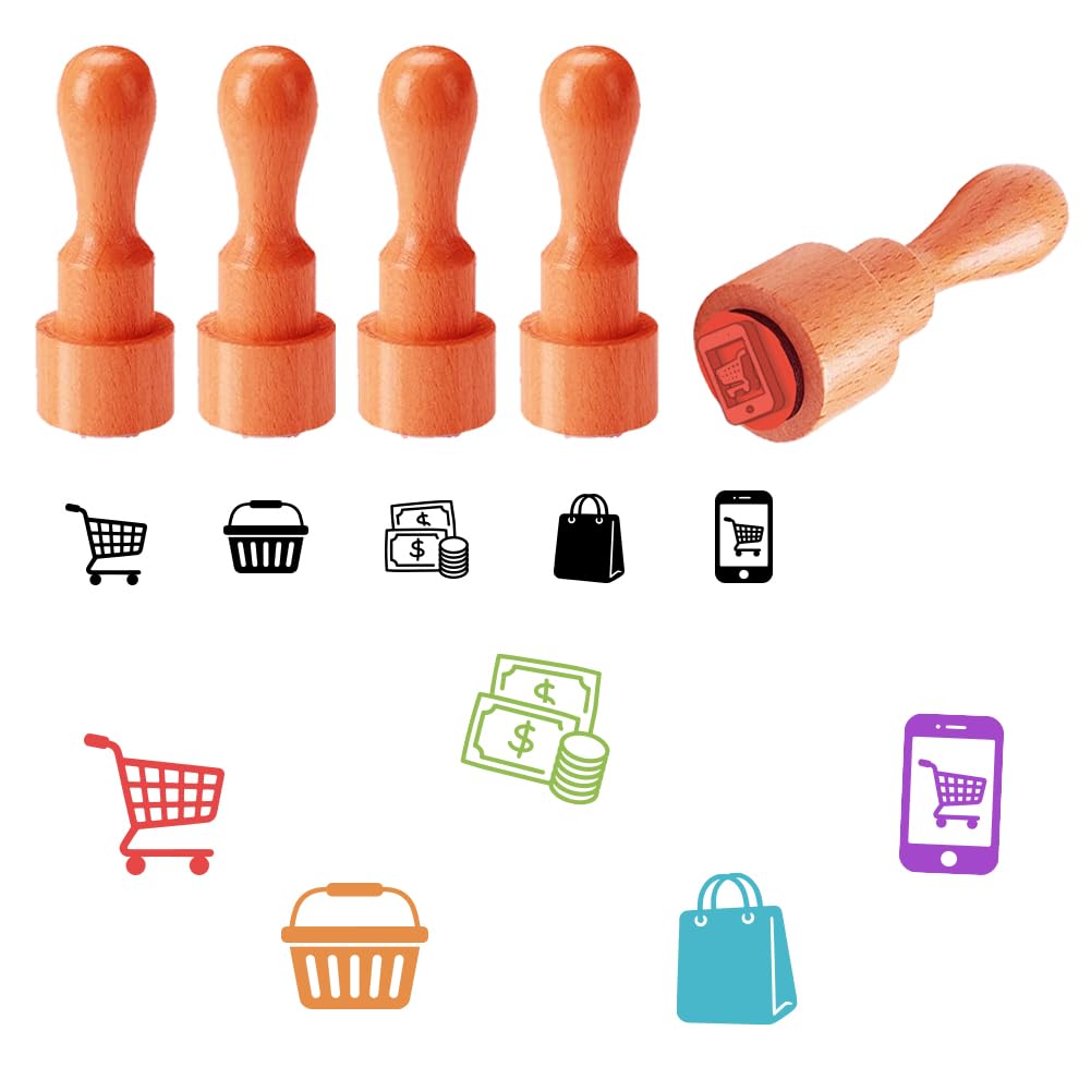 AHANDMAKER 5 Styles Mini Wooden Rubber Stamps, Shopping Cart, Basket, Bag Patterns Round Handle Stamps Shopping Theme Decorative Wood Stamp for DIY Crafting Scrapbooking Card Making Planner