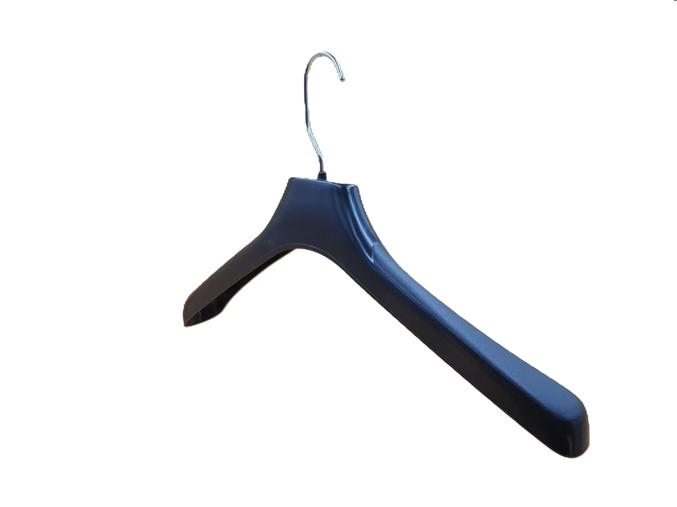 Perchas de plastico 45 cm. Pack de 10 Ud. Hombros Anchos para Trajes, Abrigos, Chaquetas, Pantalones. Gancho Giratorio 360º Preparado para desbloquear. (Sin Barra)