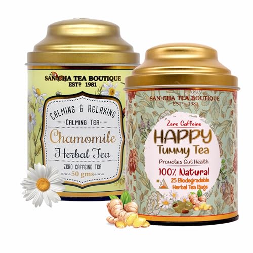Image of Sancha Tea Boutique, Tea Combo Pack: Chamomile Herbal (50g) & Happy Tummy Teas (25 Pyramid Bags), Digestive Herbal Tisane & Calming Beverage