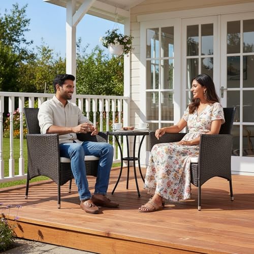 Image of DEVOKO Wicker & Rattan Outdoor Patio Dining Arm Chair With Cushion For Garden, Balcony, Terrace, Poolside, Lawn, Backyard (Black & White ), 83.82 cm, 55.88 cm, 58.42 Cm