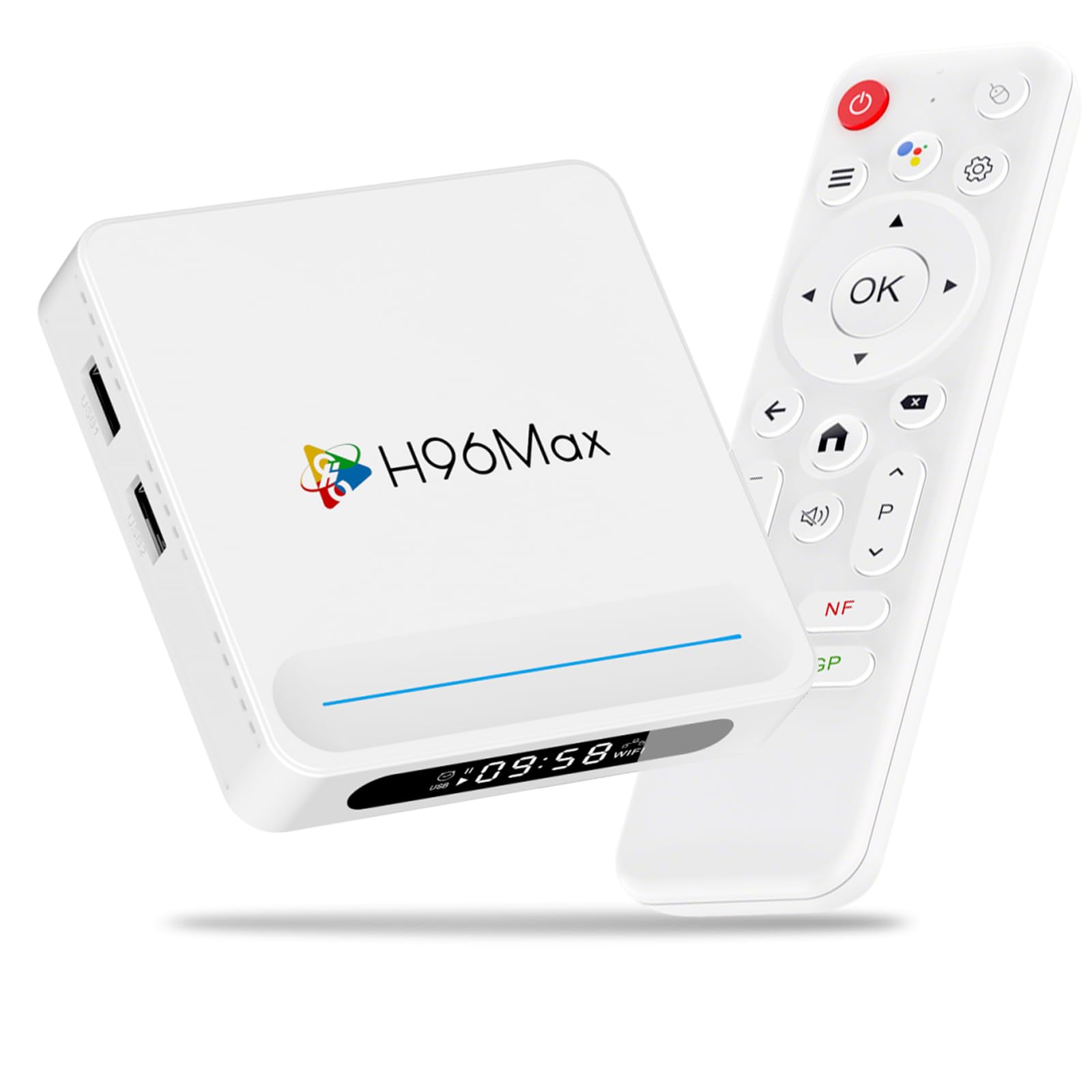 LEFFOT H618 Plus Android TV Box, front view with ports and remote control