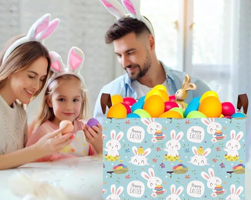 Image of Large Rectangular Easter Baskets Empty Waterproof Boy Toy Box Foldable Kid's Gifts Storage Bin Spring Room Decor(Flower Rabbit Holding Egg)