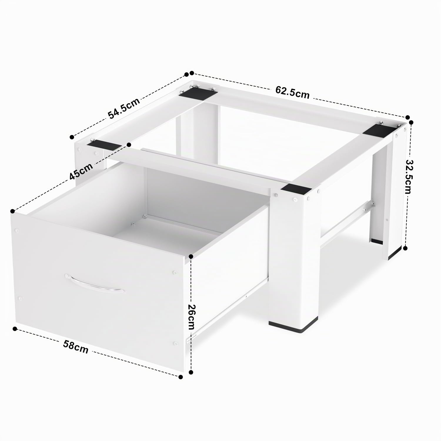 1 base per lavatrice con cassetto da 62,5 x 54,5 x 32,5 cm, per lavatrice fino a 150 kg, piedistallo rialzato, base per lavatrice, colore bianco