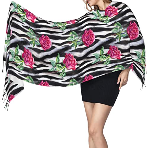 Tiger Striped Rose Scarf With Tassel For Women Large Warm Shawls Wraps Cashmere Scarves Blanket For Fall Winter 27 * 77 Inches4