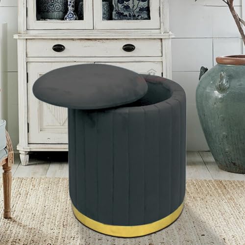 Image of Round Velvet Luxurious Storage Ottoman, Pouf with Storage Vanity Stool Chair,Upholstered Foot Rest Stool with Gold Strip Base for Living Room or Bedroom (Black., Large-40Dx40Wx46H)