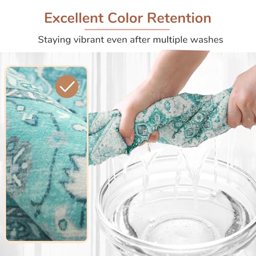 OPPODREAM Soft 10x14 Area Rugs, Washable Rugs 10x14 with Non Slip Backing, Low-Pile Faux Cashmere 10 x 14 Carpet, Teal & Turquoise & Cream