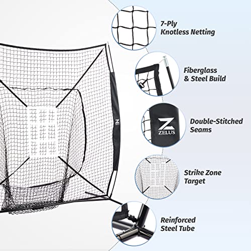 Zelus Baseball Net Kit With Tee And Strike Zone, 7X7Ft Softball Training Equipment For Hitting And Pitching, Portable Indoor Outdoor Batting Practice Net With Carry Bag Ball Caddy & 12 Baseballs #TOP2