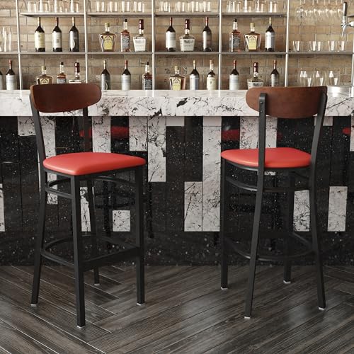 Image of Flash Furniture Wright Set of 2 Commercial Barstools - Walnut Wood Boomerang Back - Red Vinyl Seat - 500 LB. Capacity Black Steel Frame - Integrated Footrest