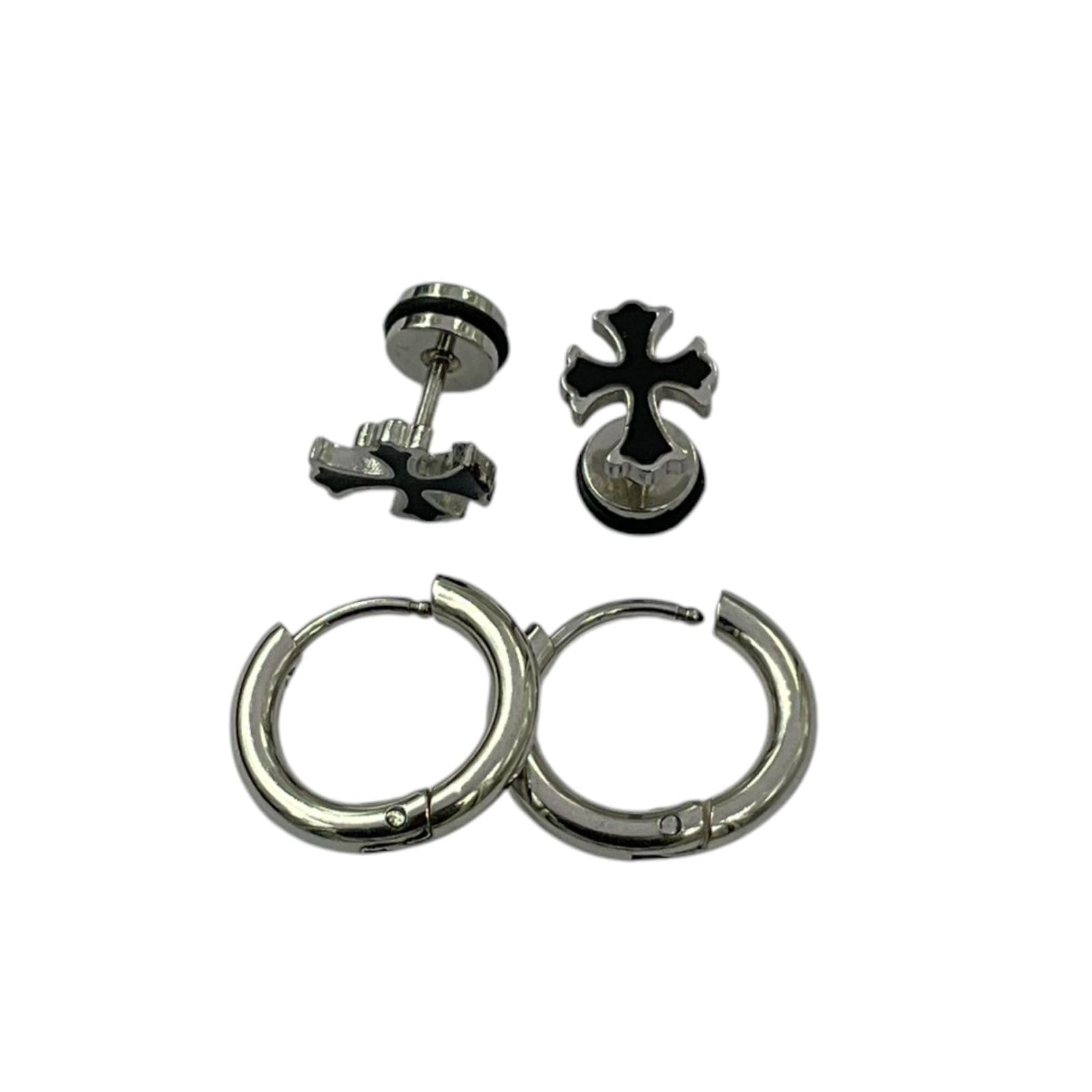 Stainless Steel Cross Stud and Hoop Earrings Set, Silver and Black, 2 Pairs-image-12