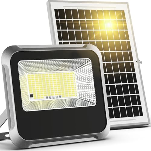 Engrepo Solar Light Outdoor, 10000mAh Luces Solares Solar Powered Security Flood Light Outside 3000LM IP65 Waterproof Dusk to Dawn with Remote Control and 8.2 ft Cable for Yard, Garden, Shed, Barn.
