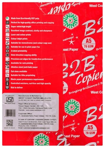 Image of B2B A5 Copier Paper - 70 GSM, 500 Sheets, 5 Ream Eco-Friendly Super Bright Plain Printing Paper for Office & Home Use (𝐍𝐨𝐭𝐞: 𝐈𝐭𝐬 𝐀𝟓 𝐂𝐨𝐩𝐢𝐞𝐫 𝐏𝐚𝐩𝐞𝐫)