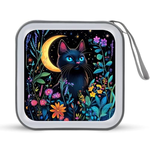 Black Cat With Flowers CD Case Plastic DVD Case Holder Wallet Disc Storage Organizer for Car Travel