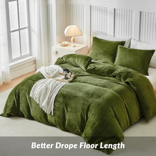 Image of WARMDERN Olive Green Velvet Duvet Cover Set Queen Size, Luxury Milk Velvet Bedding Duvet Cover with Zipper Closure, 3pcs Ultra Soft Duvet Covers for All Seasons, 90 inch x 90 inch, Olive Green