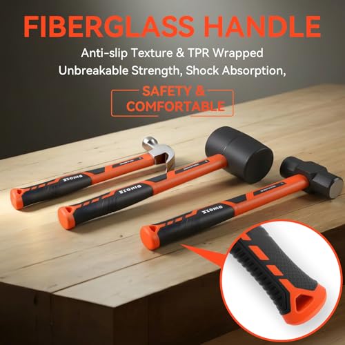 Image of PINOZE 6-Piece Hammer Mallet Set with Fiberglass Handle Forge Steel Head, 16oz Ball Pein Hammers | 32oz Rubber Mallet | 3lb Sledge | 16oz & 8oz Claw Hammer | 22oz Double-Faced Mallet