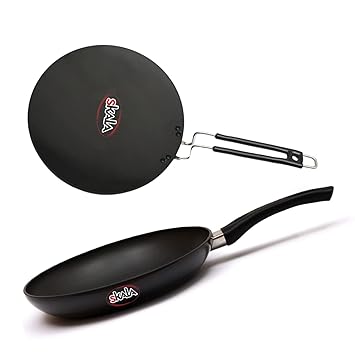 SKALA Cookware Combo Pack of Frypan 26cm | Concave Tawa 30cm 5mm | Hard Anodised [Non-Induction] Gas-Stove Compatible | Black