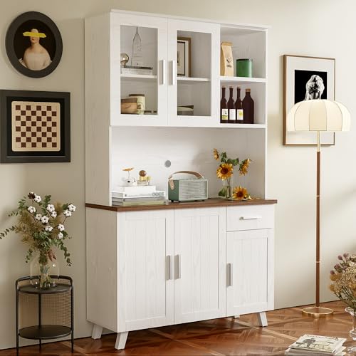 VLIVRA Aparador de ratán con 1 cajón, 5 puertas y 2 compartimentos abiertos, para baño, salón, cocina, 114 x 40 x 190 cm, color blanco