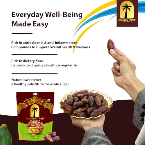 Image of Golden Tree Soft Zahidi Dates| Organic Whole Zahidi Khajoor Natural Sweeteners| NON-GMO| VEGAN| No Preservatives| Sun-Dried Dates in Resealable Bag Fresh Healthy Dried Fruit Snack (500 Grm)