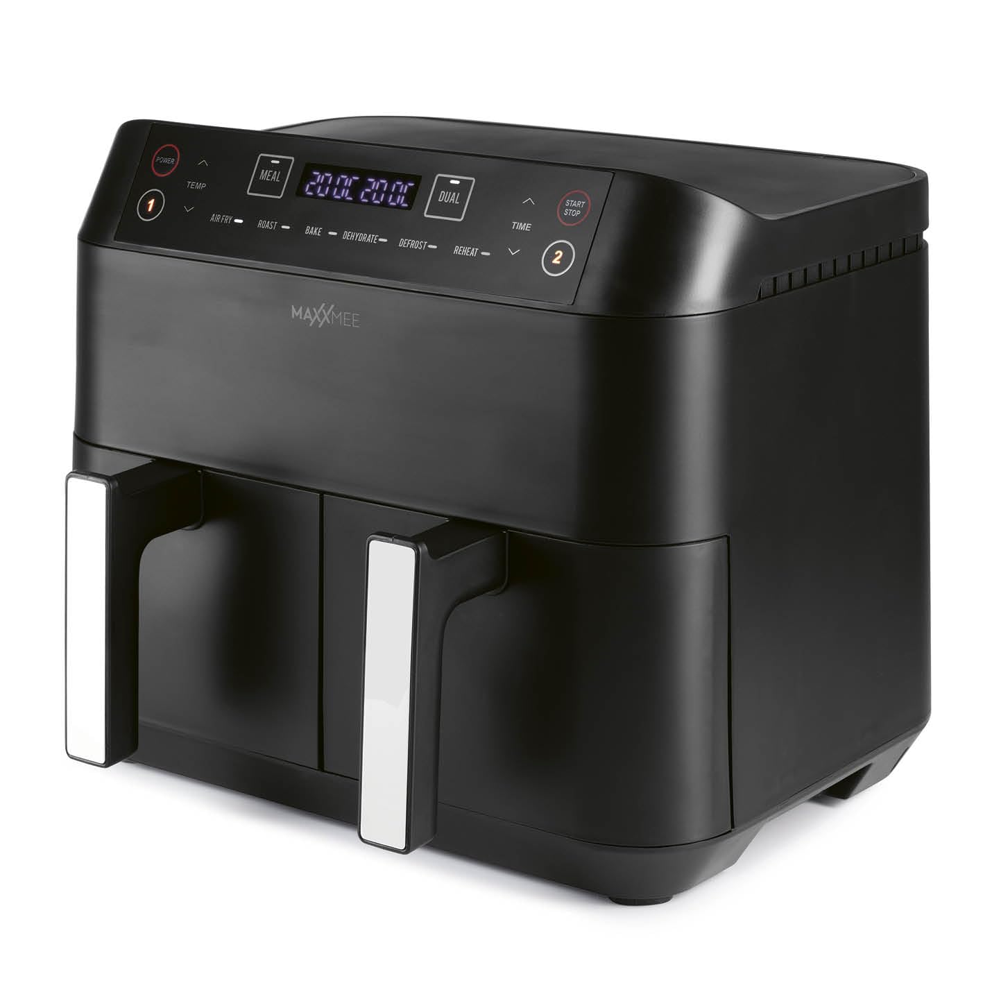 MAXXMEE Frytkownica na gorące powietrze, podwójny kosz, 7,6 litra, cyfrowa podwójna frytkownica na gorące powietrze z dwiema komorami, 2 x 3,8 l, jednoczesne gotowanie 2 różnych posiłków | 6 programów