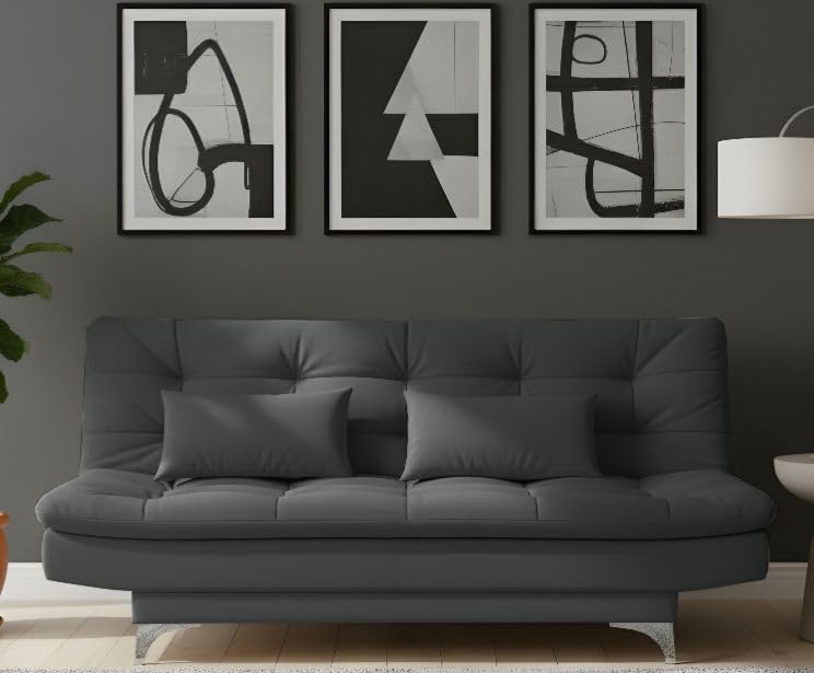 AMATA Eagle Solid Wood 3 Seater Sofa Cum Bed Grey Suede Velvet with Two Cushions Perfect for Home Living Office Room and Guests (Grey, Medium)(3 yrs Warranty)